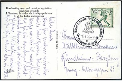 6+4 pfg. Olympiade udg. på brevkort annulleret med særstempel Berlin Olympia-Pressehauptquartier XI Olympiade 1936 d. 6.8.1936 Bündheim-Harzburg.