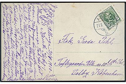 5 øre Fr. VIII på brevkort annulleret med brotype Ia Allinge S. d. 21.9.1910 til København. Stempel benyttet i Sandvig.