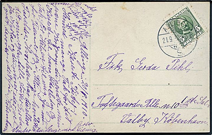 5 øre Fr. VIII på brevkort annulleret med brotype Ia Allinge S. d. 21.9.1910 til København. Stempel benyttet i Sandvig.