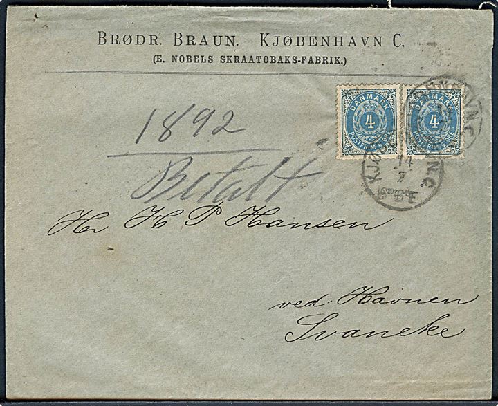 4 øre Tofarvet (2) på brev fra Kjøbenhavn d. 14.7.1892 til Svaneke. På bagsiden ank.stemplet lapidar Svaneke * d. 16.7.1892.