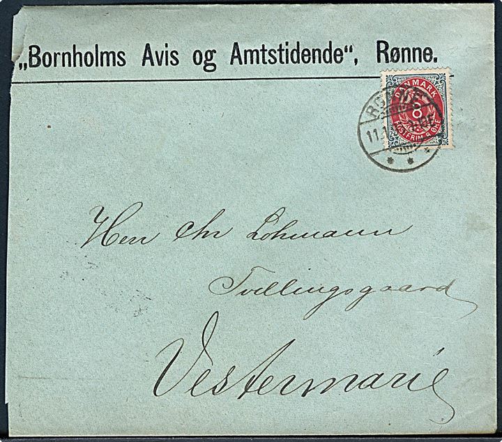 8 øre Tofarvet på brev fra Rønne d. 11.1.1895 til Vestermarie. På bagsiden ank.stemplet med lapidar Aakirkeby d. 12.1.(1895) - meget sen anvendelse.