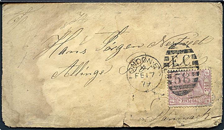 Britisk 2½d Victoria på medtaget brev fra London d. 17.2.1879 via København til Allinge på Bornholm. På bagsiden ank.stemplet antiqua Allinge d. 22.2.1879.