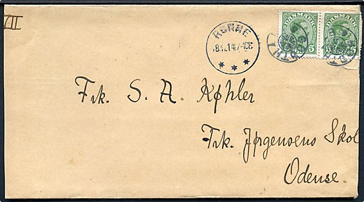 5 øre Chr. X i parstykke på aflang kuvert annulleret med stjernestempel GODTHAAB og sidestemplet Rønne d. 18.11.1914 til Odense. Afkortet i begge sider.