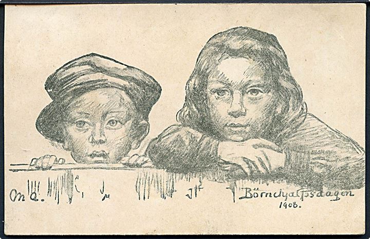 Børnehjælpsdagen 1908. Efter tegning af Michael Ancher. Chr. J. Cato u/no. Frankeret med 5 øre Fr. VIII anvendt i Rønne 1909.