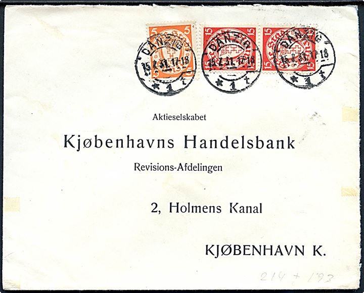 5 pfg. og 15 pfg. (par) Våben på brev fra Danzig d. 15.7.1931 til København, Danmark.