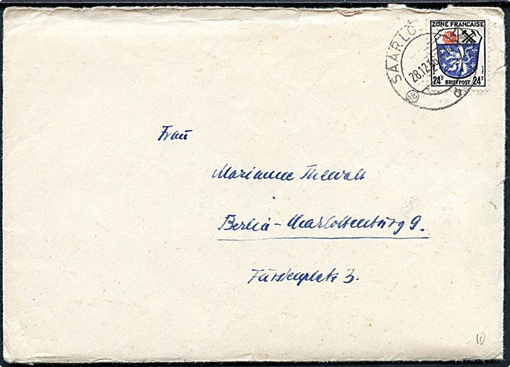 Fransk Zone 24 pfg. single anvendt på brev i Saarland stemplet Saarlouis d. 28.12.1946 til Berlin.