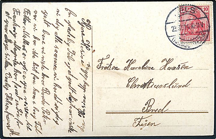 10 pfg. Germania på brevkort stemplet Jels (Kr. Hadersleben) d. 23.12.1914 til Bred, Danmark.
