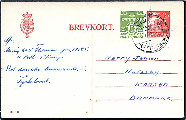 15+5 øre provisorisk helsagsbrevkort (fabr. 98-H) annulleret Det danske Kommando * i Tyskland * d. 24.4.1950 til Korsør.