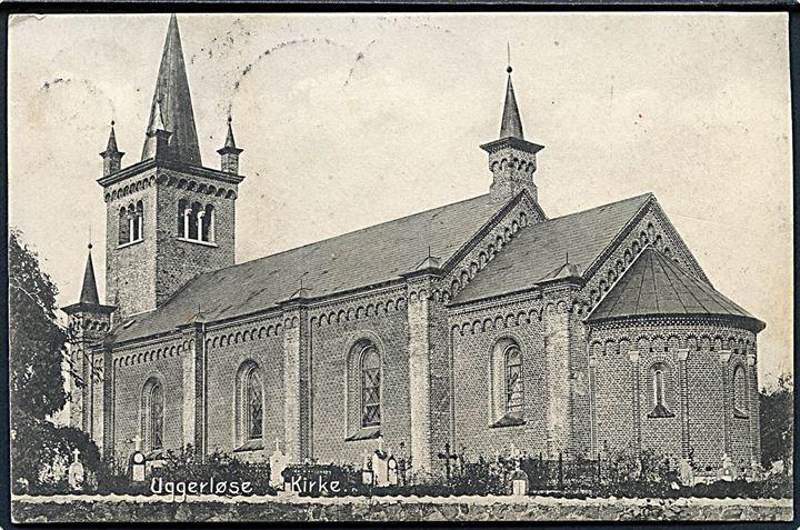 5 øre Fr. VIII på brevkort (Uggerløse kirke) annulleret med stjernestempel UGGERLØSE og sidestemplet bureau Kjøbenhavn - Kallundborg T.168 d. 10.8.1907 til København.