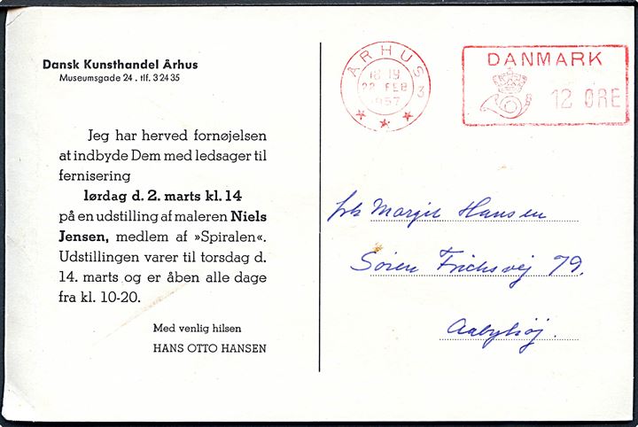 12 øre posthusfranko frankeret tryksagskort fra Århus ***3 d. 28.2.1957 til Aabyhøj.