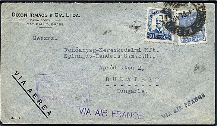 400 reis og 5000 reis på luftpostbrev fra Sao Paulo d. 1.6.1940 til Budapest, Ungarn. Stemplet via Air France.