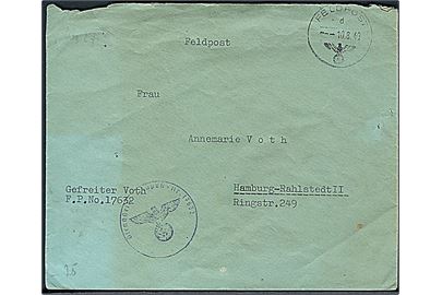 Ufrankeret tysk feltpostbrev stemplet Feldpost d d. 10.8.1940 til Hamburg. Sendt fra soldat ved feldpost-nr. 17632 = Militärbefehlshaber Dänemark i København. Tydeligt briefstempel.