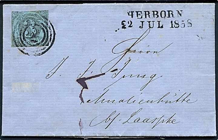 Thurn & Taxis. 3 kr. utakket på brev annulleret med svagt nr.stempel 183 og sidestemplet Herborn d. 22.7.1858 via Siegen til Amalienhütte.