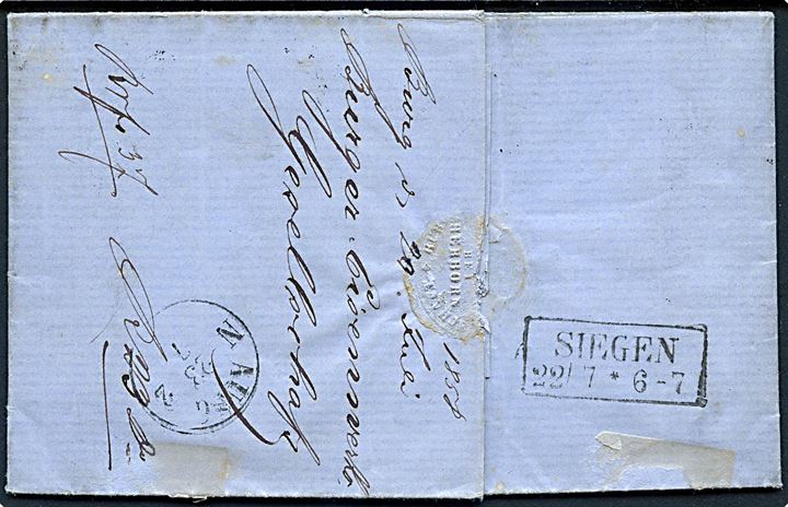 Thurn & Taxis. 3 kr. utakket på brev annulleret med svagt nr.stempel 183 og sidestemplet Herborn d. 22.7.1858 via Siegen til Amalienhütte.
