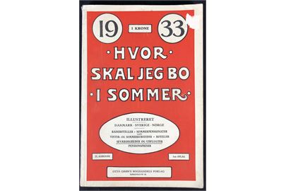 Hvor skal vi bo i Sommer 1933. Illustreret skandinavisk vejviser over badehoteller og sommerpensionater, samt beskrivelse af udflugter og seværdigheder. 308 sider.