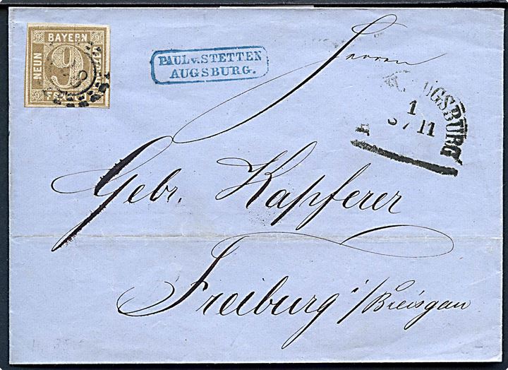 9 kr. Ciffer utakket på brev annulleret med nr.stempel 28 fra Augsburg d. 8.11.1865 via Gr. Bad. Bahnpost til Freiburg.