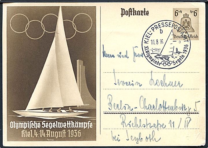 6+4 pfg. illustreret Olympiade helsagsbrevkort annulleret med særstempel Kiel-Pressepostamt XI Olympiade Segeln 1936 d. 11.8.1936 til Berlin. Hj. knæk.