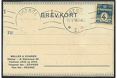 4 øre Bølgelinie vm. III på tryksags-brevkort fra Odense d. 10.1.1918 til Gjelsled.