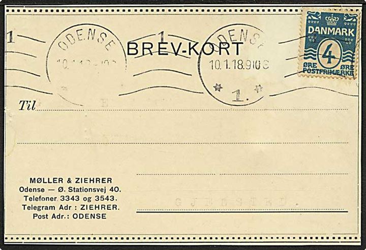 4 øre Bølgelinie vm. III på tryksags-brevkort fra Odense d. 10.1.1918 til Gjelsled.