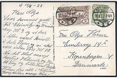 Øvre Schlesien. 40 pfg. (hj, mgl.) og 2 mk. på 240 pfg. infla frankeret brevkort fra Glewitz d. 10.6.1922 til København, Danmark.