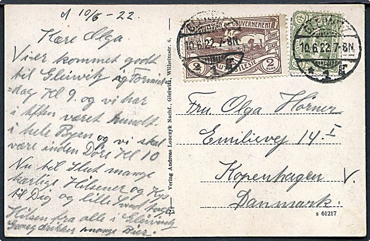 Øvre Schlesien. 40 pfg. (hj, mgl.) og 2 mk. på 240 pfg. infla frankeret brevkort fra Glewitz d. 10.6.1922 til København, Danmark.