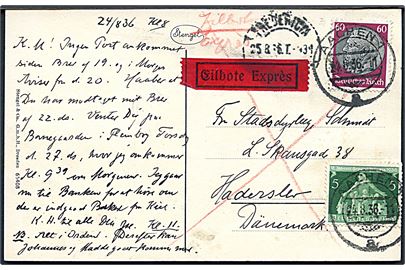 5 pfg. Kongres og 60 pfg. Hindenburg på ekspresbrevkort fra Aachen d. 24.8.1936 til Haderslev. Transit stemplet Fredericia - Flensborg T.934 d. 25.8.1936.