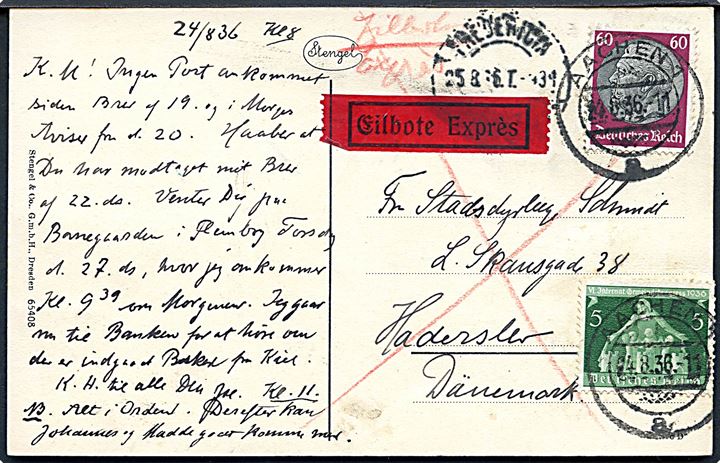 5 pfg. Kongres og 60 pfg. Hindenburg på ekspresbrevkort fra Aachen d. 24.8.1936 til Haderslev. Transit stemplet Fredericia - Flensborg T.934 d. 25.8.1936.