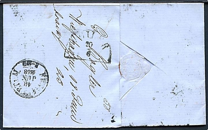 9 kr. utakket på brev annulleret med svagt nr.stempel fra Wiesbaden d. 18.6.1858 til Lindenberg b/Lindau.