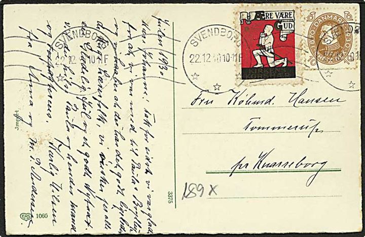 10 øre Chr. X 60 år og Kirkens Korshær mærkat på brevkort fra Svendborg d. 22.12.1930 til Knarreborg.