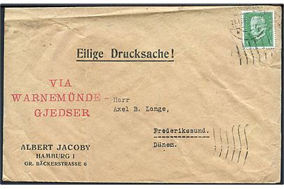5 pfg. Hindenburg på tryksag fra Hamburg d. 28.8.1930 til Frederikssund. Rødt dirigeringsstempel: VIA WARNEMÜNDE - GJEDSER. Fold.
