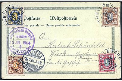1 öre, 2 öre, 3 öre og 4 öre Ciffer på 4-farve frankeret brevkort (Gruss vom Imperator) annulleret Trelleborg d. 25.7.1904 og sidestemplet Salon-Schnell-Dampfer Imperator Auf hoher See d. 25.7.1904 til Wieck, Tyskland.
