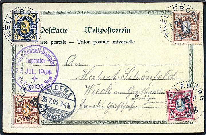 1 öre, 2 öre, 3 öre og 4 öre Ciffer på 4-farve frankeret brevkort (Gruss vom Imperator) annulleret Trelleborg d. 25.7.1904 og sidestemplet Salon-Schnell-Dampfer Imperator Auf hoher See d. 25.7.1904 til Wieck, Tyskland.
