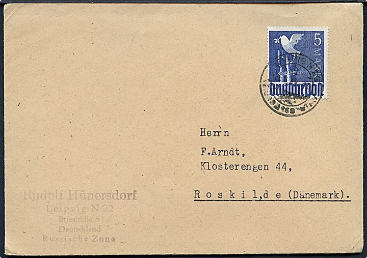 Russisk Zone. 5 mk. Fredsdue single på Zehnfach frankeret brev fra Leipzig N22 d. 26.6.1948 til Roskilde, Danmark. Korrekt porto 50 pfg. for brev til Danmark.