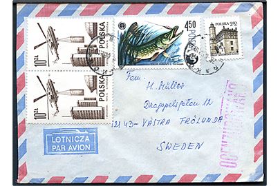 27 zl. blandingsfrankeret luftpostbrev fra Krakow d. 26.6.1982 til Västra Frölunda, Sverige. Åbnet af polsk censur under undtagelsestilstanden.