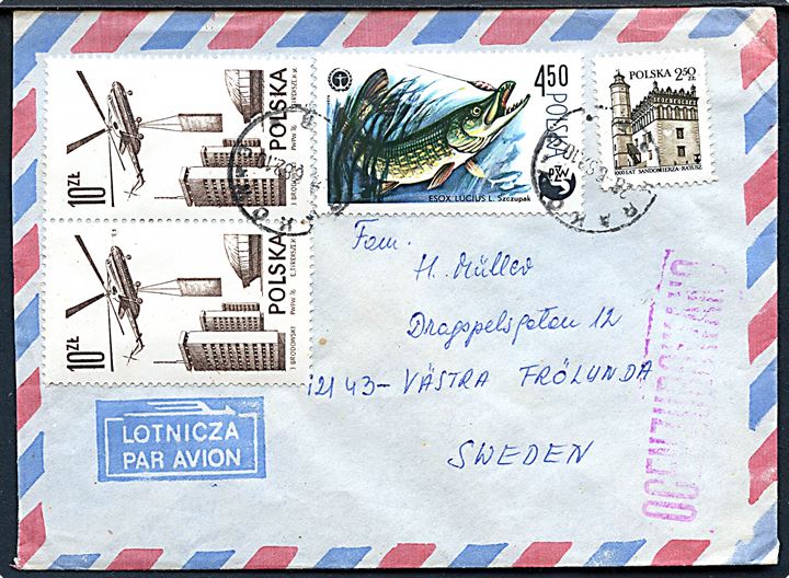 27 zl. blandingsfrankeret luftpostbrev fra Krakow d. 26.6.1982 til Västra Frölunda, Sverige. Åbnet af polsk censur under undtagelsestilstanden.