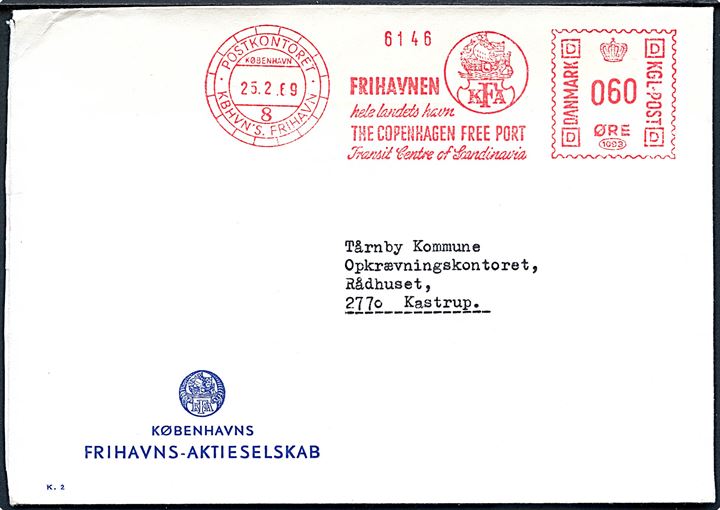 60 øre firmafranko fra Københavns Frihavns Aktieselskab med særlig Postkontoret Kbhvn's Frihavn København 8 d. 25.2.1969 til Kastrup.