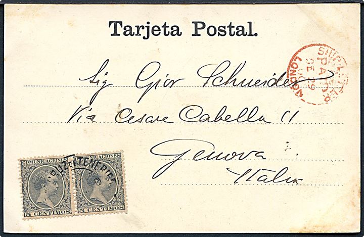 5 cts. Alfonso XIII i parstykke på brevkort (Tenerife, Santa Cruz) annulleret Santa Cruz Tenerife med rødt transitstempel Ship Letter Paid London d. 29.12.1900 til Geneva, Schweiz.