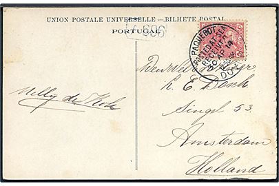 5 c. Wilhelmina på brevkort fra Portugal annulleret med britisk skibsstempel Paquebot Posted at Sea Reveived Dover d. 30.4.1914 til Amsterdam, Holland.