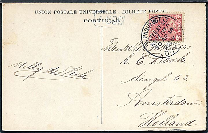 5 c. Wilhelmina på brevkort fra Portugal annulleret med britisk skibsstempel Paquebot Posted at Sea Reveived Dover d. 30.4.1914 til Amsterdam, Holland.