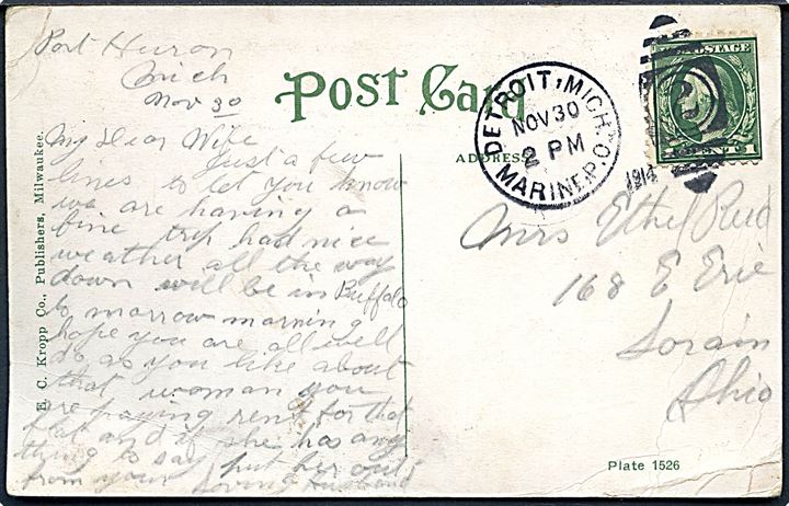 1 c. Washington på brevkort dateret Port Huron, Mich. (A late arrival, Duluth, Minn.) annulleret med skibsstempel Detroit, Mich. Marine P.O. /2 d. 30.11.1914 til Ohio.