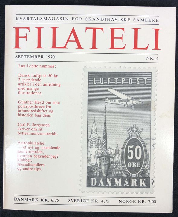 Kvartalsmagasin Filateli nr. 4 sept. 1970. Bl.a. med artikel om Danmarks første officielle Luftpost i 1920. ca. 50 sider. Som altid med løse sider.