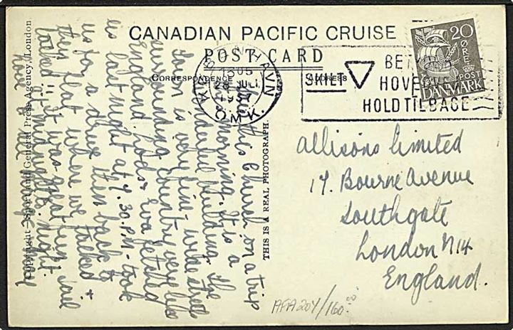 20 øre Karavel på brevkort fra København d. 28.7.1937 til London, England.