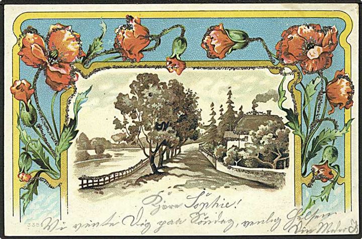 Blomster paa postkort med glimmer. No. 3359.