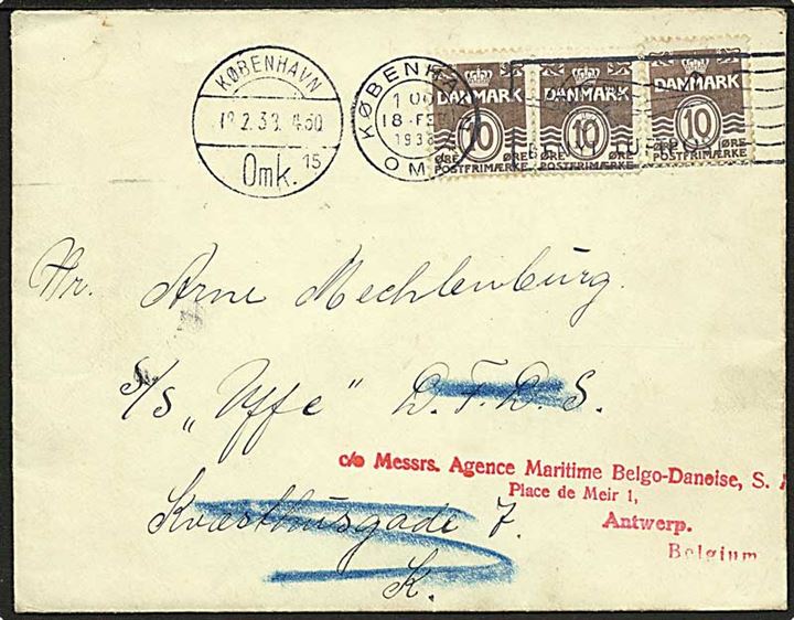 10 øre Bølgelinie (3) på brev fra København d. 18.2.1938 til sømand ombord på S/S Uffe via Rederi i København - eftersendt til Antwerpen, Belgien.