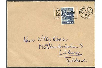 40+5 øre Frihedsfonden single på brev fra København d. 31.10.1947 til Lübeck, Tyskland.