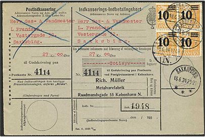 10/30 øre Provisorium i fireblok på retur indkasserings-Indbetalingskort fra København d. 18.6.1934 til Sakskøbing.
