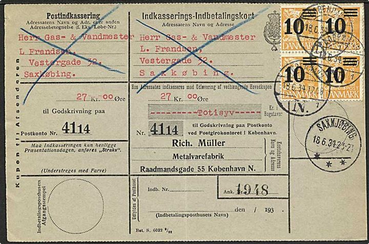 10/30 øre Provisorium i fireblok på retur indkasserings-Indbetalingskort fra København d. 18.6.1934 til Sakskøbing.