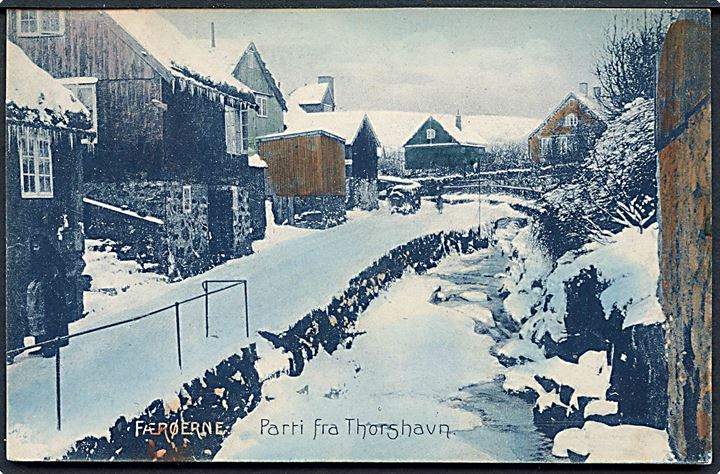Thorshavn, gadeparti ved vinter. Stenders no. 10322. Frankeret med 5 øre Fr. VIII stemplet Thorshavn d. 7.11.1908.