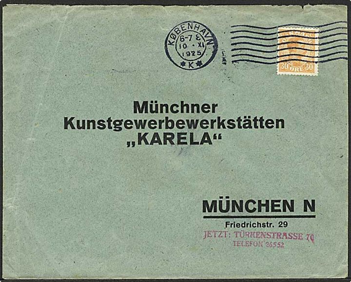 30 øre Chr. X single på brev fra København d. 10.11.1925 til München, Tyskland.