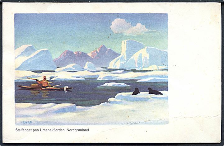 Emanuel A. Pedersen: Sælfangst paa Umanakfjorden, Nordgrønland. Uden adresselinier. U/no. Knæk.